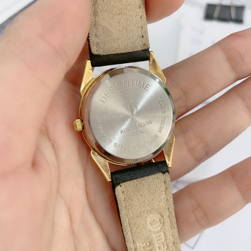 Đồng hồ si nữ hiệu DesignTime, dây da máy Nhật, mặt đá opal may mắn