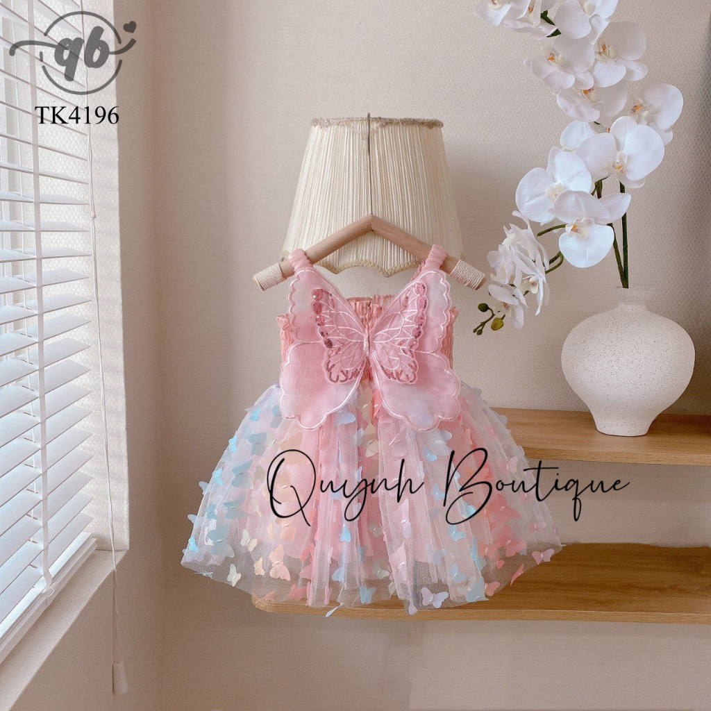 Váy Công Chúa Bé Gái Đầm Công Chúa Hai Dây Hồ Điệp Nổi Hồng Trắng Quỳnh Boutique