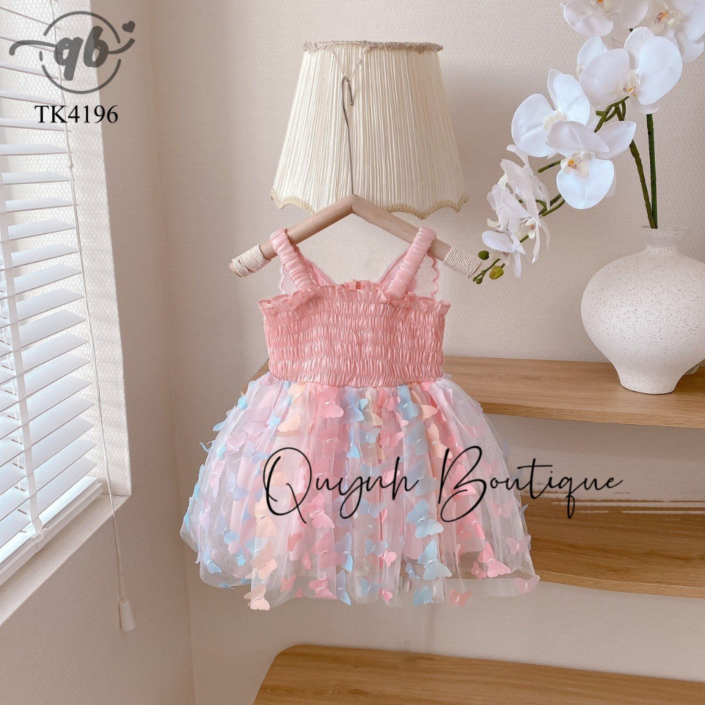 Váy Công Chúa Bé Gái Đầm Công Chúa Hai Dây Hồ Điệp Nổi Hồng Trắng Quỳnh Boutique