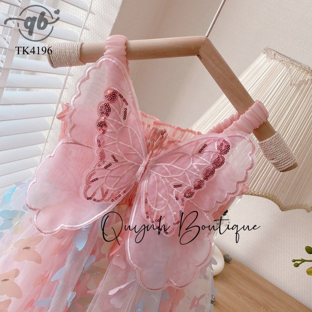 Váy Công Chúa Bé Gái Đầm Công Chúa Hai Dây Hồ Điệp Nổi Hồng Trắng Quỳnh Boutique