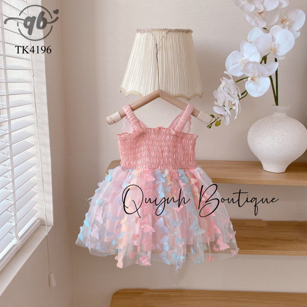 Váy Công Chúa Bé Gái Đầm Công Chúa Hai Dây Hồ Điệp Nổi Hồng Trắng Quỳnh Boutique