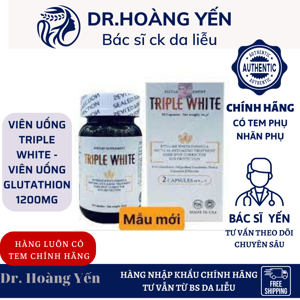 VIÊN UỐNG TRIPLE WHITE - VIÊN UỐNG GLUTATHION 1200MG CHỐNG NẮNG TRẮNG DA MỜ NÁM HỘP 50 VIÊN
