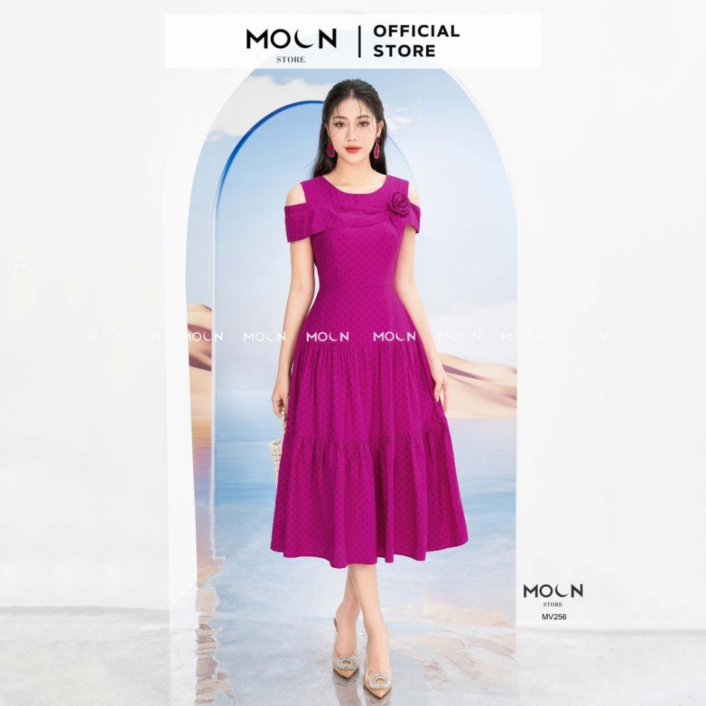 Đầm dự tiệc 𝐌𝐎𝐎𝐍 chiết eo dáng xoè cổ tròn họa tiết chấm bi sang chảnh chất tơ boi cao cấp MV256