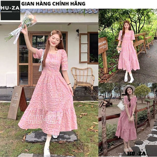 Đầm babydoll cổ tròn kẻ hồng tay lỡ đuôi cá - Váy xòe dài tiểu thư bánh bèo công chúa hàn quốc HUZA V125
