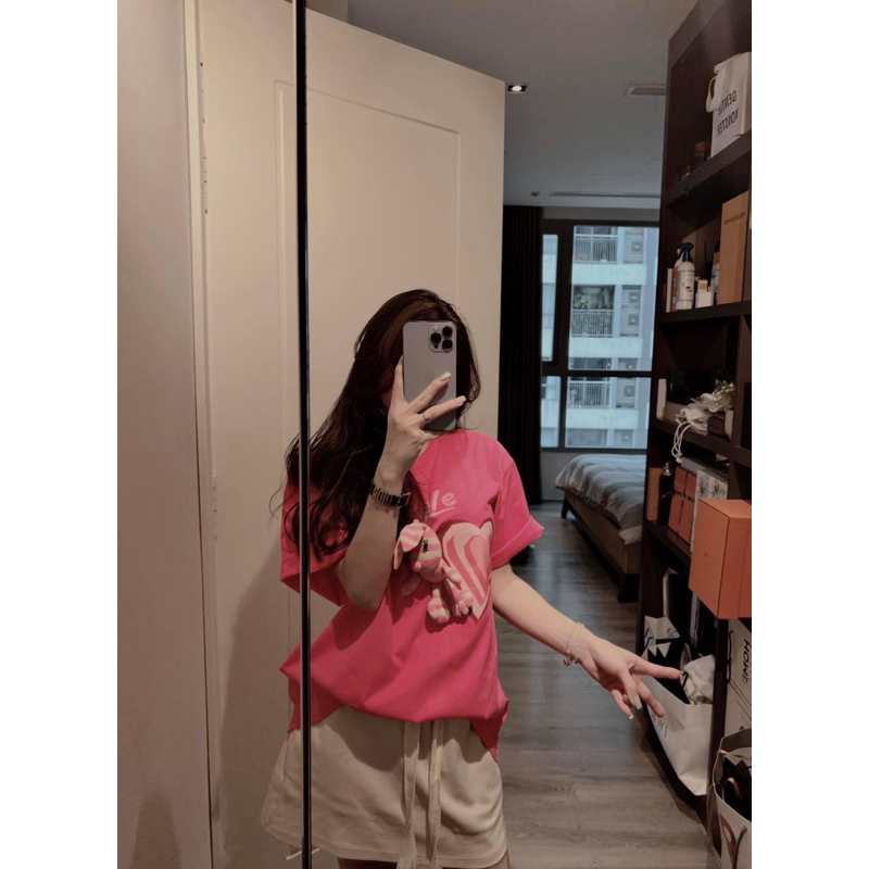 Áo thun nữ in Tim kèm thỏ form rộng giấu quần, Áo thun cotton dày in hình dễ thương chất cotton dày mềm, mịn. 45-70kg