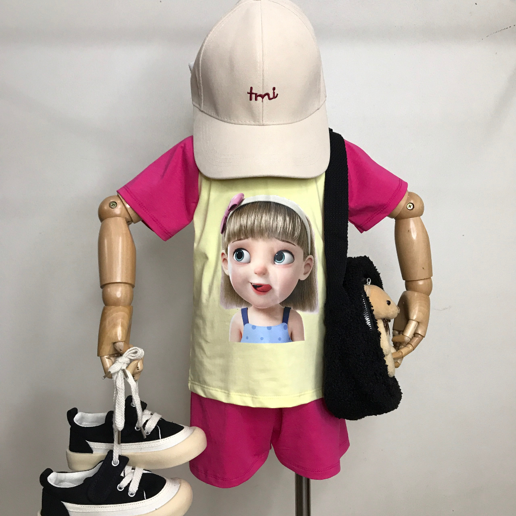 Bộ thun cộc tay bé gái in hình cực xinh vải thun cotton vừa mềm mát thoáng không bai xù lông BIMIA KIDS