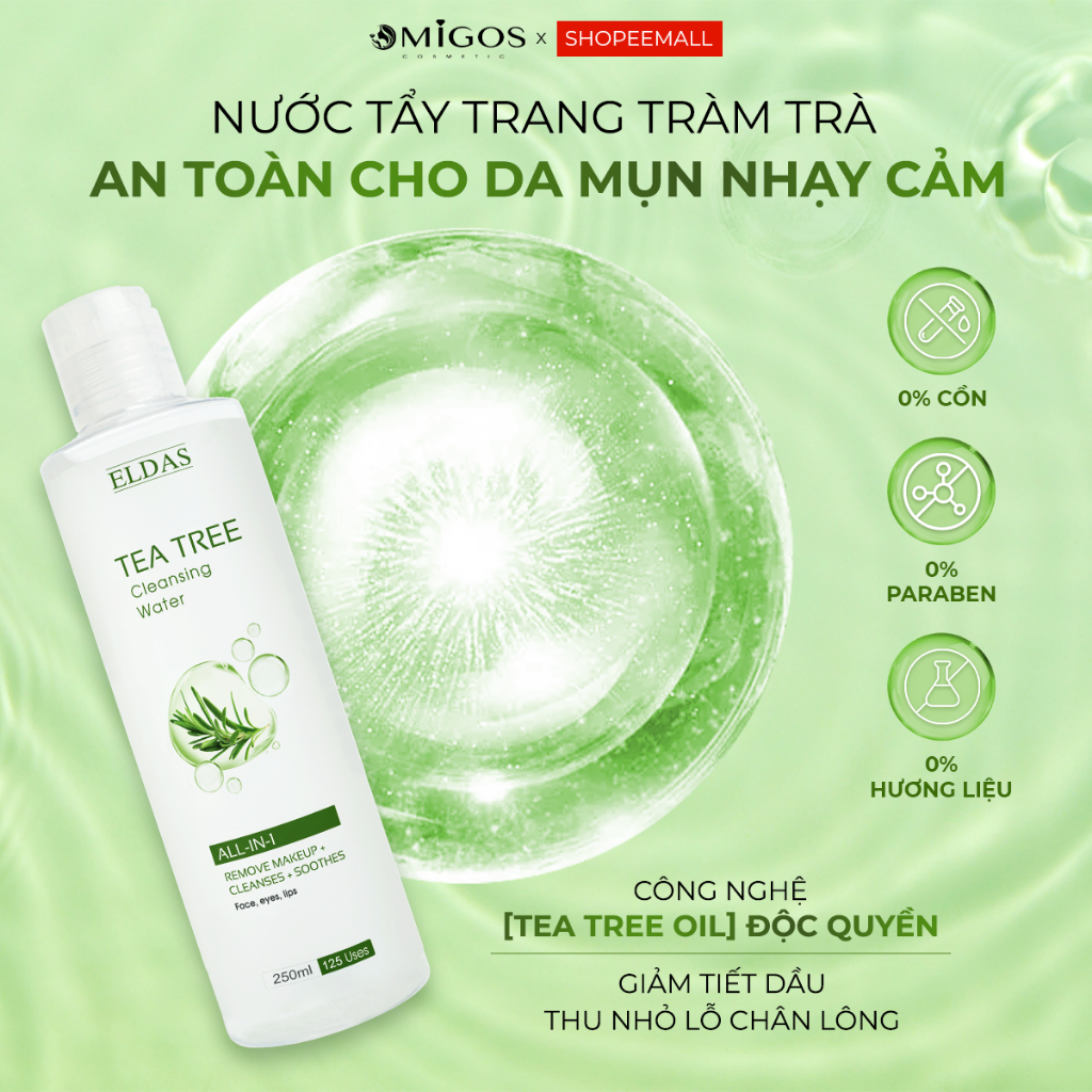 Nước Tẩy Trang Eldas Dành Cho Da Dầu Mụn, Tinh Chất Tràm Trà Lành Tính Làm Sạch Sâu Không Cồn Thẩm Thấu Nhanh 250ml/chai