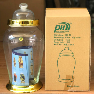 Bình ngâm rượu sâm 10 lít phú hòa có vòi & không vòi nắp vàng - đế vàng. bình thủy tinh/hủ ngâm sâm 10l có van/không van