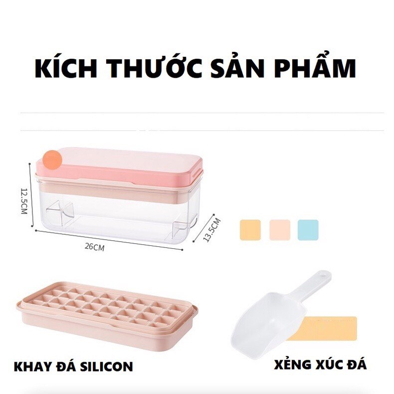 Khay đá Silicon có nắp, khuôn làm đá silicon 32 viên kèm hộp trữ đá cao cấp KHÔNG MÙI, Đá tách rời không dính