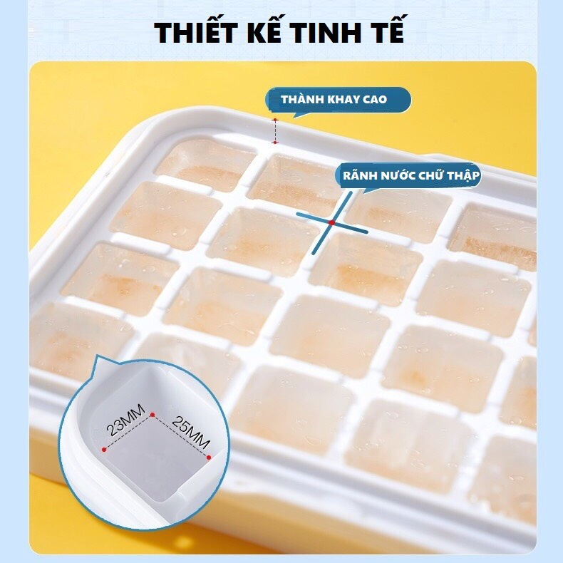Khay đá Silicon có nắp, khuôn làm đá silicon 32 viên kèm hộp trữ đá cao cấp KHÔNG MÙI, Đá tách rời không dính