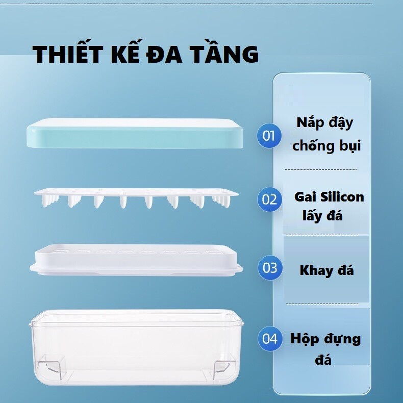 Khay đá Silicon có nắp, khuôn làm đá silicon 32 viên kèm hộp trữ đá cao cấp KHÔNG MÙI, Đá tách rời không dính