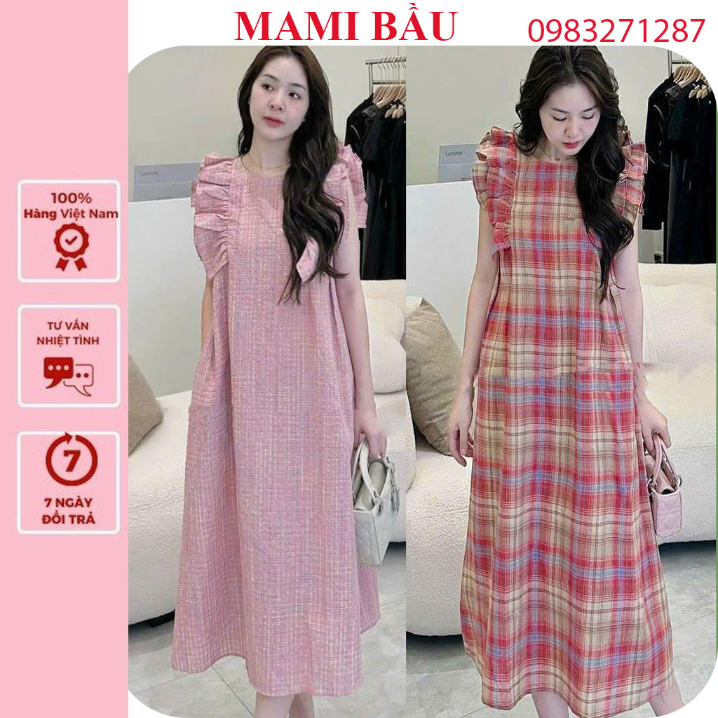 VÁY BẦU MÙA HÈ ĐI LÀM, CHƠI, TIỆC-ĐẦM BẦU THIẾT KẾ KẺ CARO SIÊU HOT DÁNG XUÔNG TAY CÁNH TIÊN
