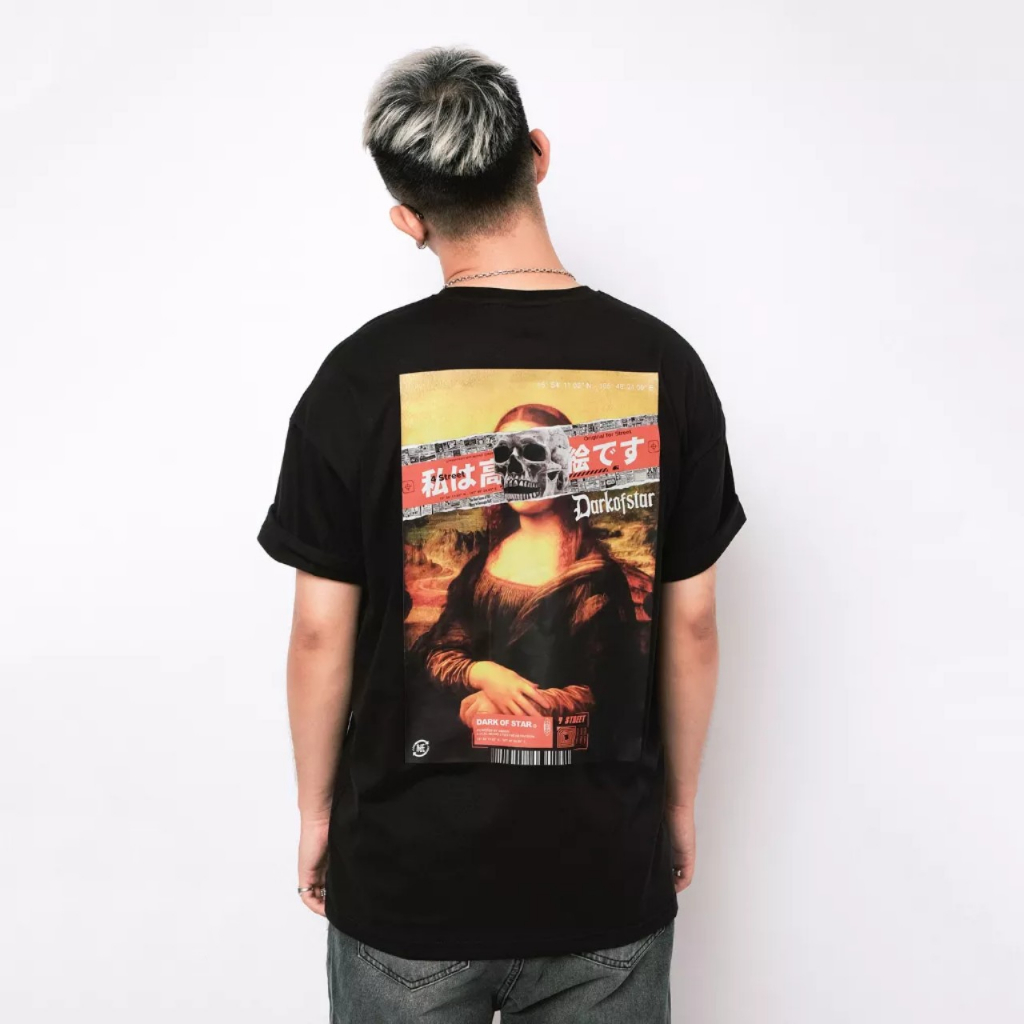 Áo thun tay lỡ nam nữ streetwear in Mona Lisa, phông unisex form rộng 100% Cotton đen DOS-T25