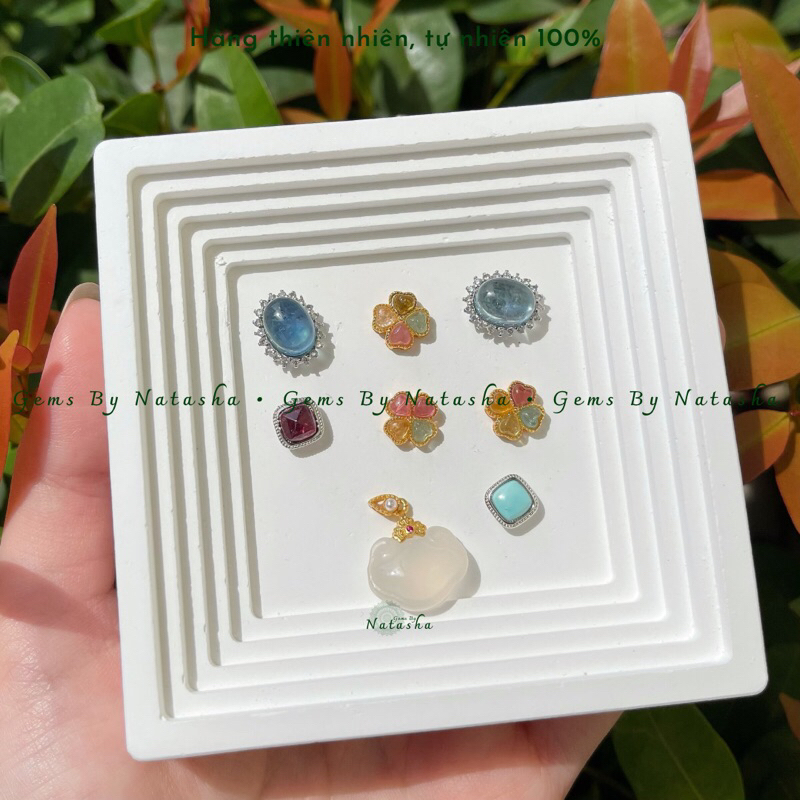 Charm Bạc 925 Đính Đá Tourmaline Aquamarine Mã Não Lam Ngọc Garnet Thiên Nhiên Tự Nhiên