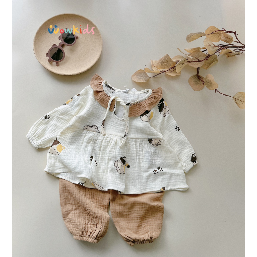 Đồ Bộ Thu Đông Dài Tay Cho Bé Gái Chất Vải Cao Cấp Xô Muslin Mềm Mịn , Bộ Đồ Ngủ Babydoll Họa Tiết Đáng Yêu