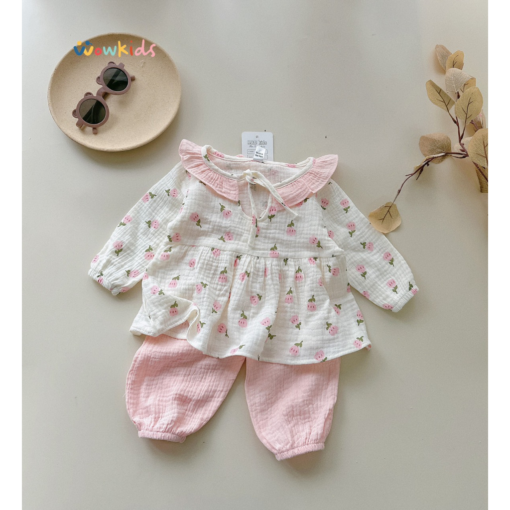 Đồ Bộ Thu Đông Dài Tay Cho Bé Gái Chất Vải Cao Cấp Xô Muslin Mềm Mịn , Bộ Đồ Ngủ Babydoll Họa Tiết Đáng Yêu