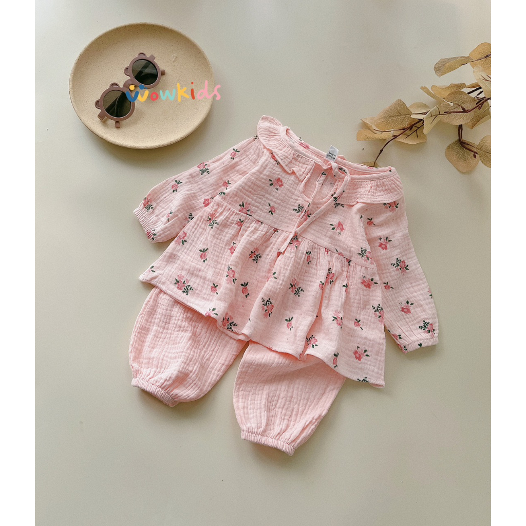 Đồ Bộ Thu Đông Dài Tay Cho Bé Gái Chất Vải Cao Cấp Xô Muslin Mềm Mịn , Bộ Đồ Ngủ Babydoll Họa Tiết Đáng Yêu
