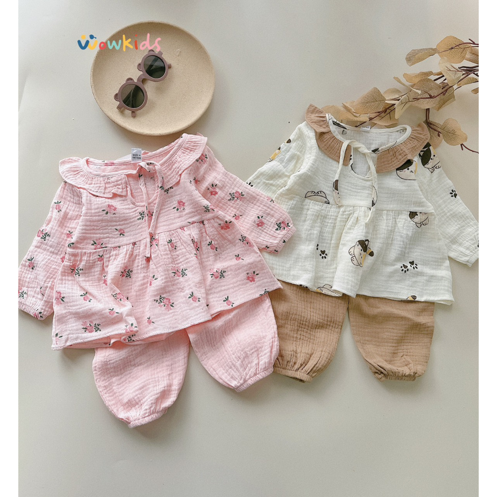 Đồ Bộ Thu Đông Dài Tay Cho Bé Gái Chất Vải Cao Cấp Xô Muslin Mềm Mịn , Bộ Đồ Ngủ Babydoll Họa Tiết Đáng Yêu