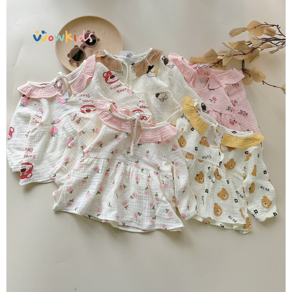 Đồ Bộ Thu Đông Dài Tay Cho Bé Gái Chất Vải Cao Cấp Xô Muslin Mềm Mịn , Bộ Đồ Ngủ Babydoll Họa Tiết Đáng Yêu