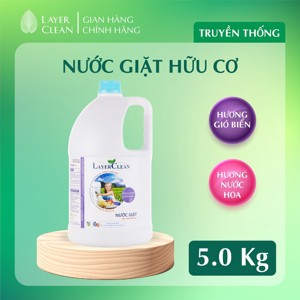 Nước giặt Layer Clean hữu cơ hương Gió biển can 5 Lít, bền màu, không hại sợi vải, mềm mịn da tay