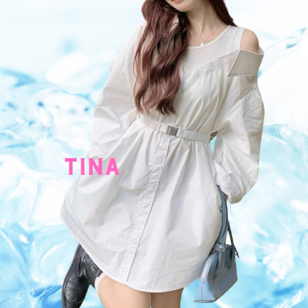 Đầm sơ mi phối thun ba lỗ MIXXO, Đầm trắng dài tay thô mịn lệch vai phong cách Hàn Quốc, Đầm trắng tay lỡ thắt nịt trẻ