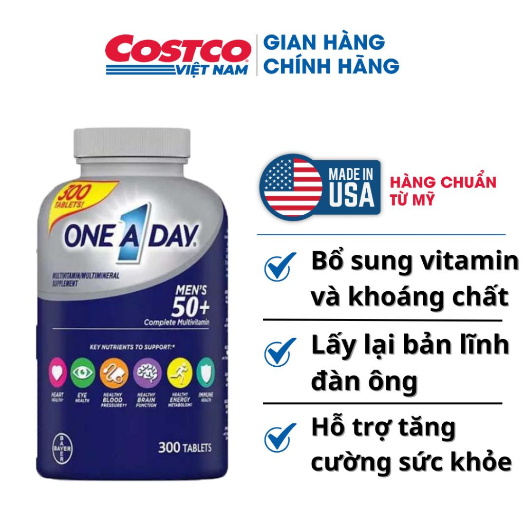 Viên uống One a day men 50+ 300 viên Kirkland Signature của Mỹ bổ sung vitamin, dinh dưỡng cho nam giới trên 50 tuổi