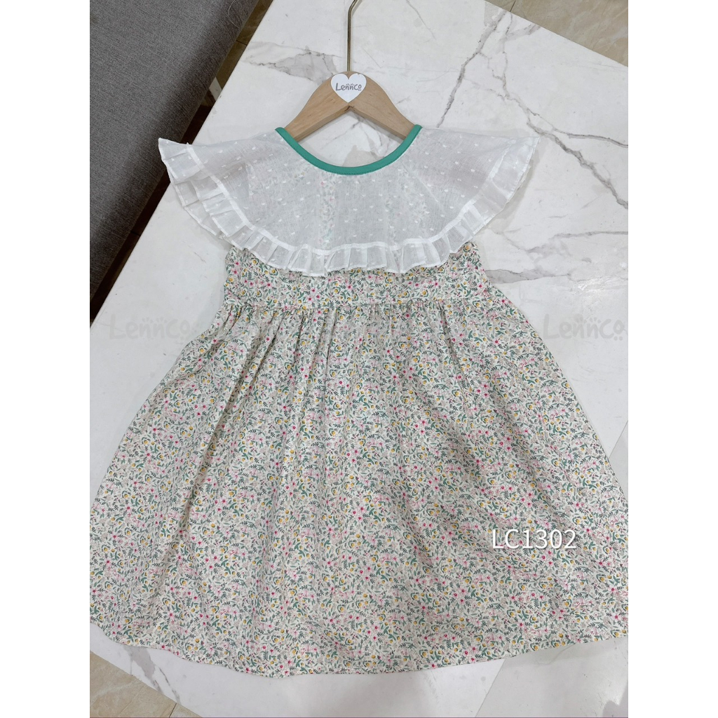 Váy Lennco hoa xanh cổ thô trắng nảy hạt cho bé gái