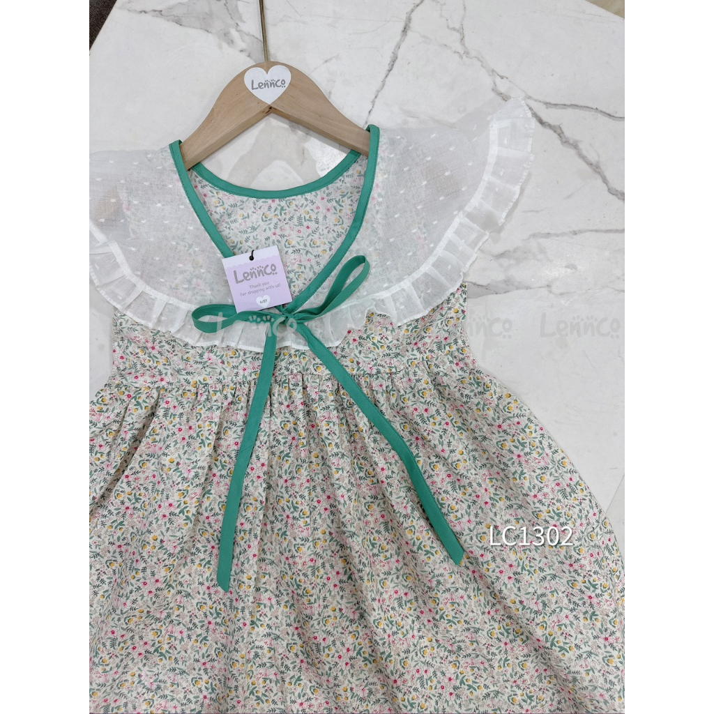 Váy Lennco hoa xanh cổ thô trắng nảy hạt cho bé gái