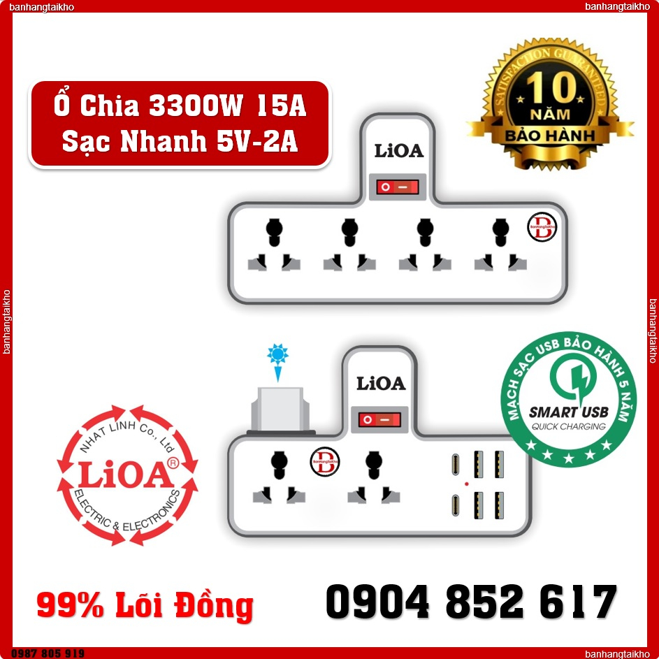 Ổ chia điện đa năng thông minh LIOA 3300W chân cắm 2 chạc, sạc nhanh USB TypeC