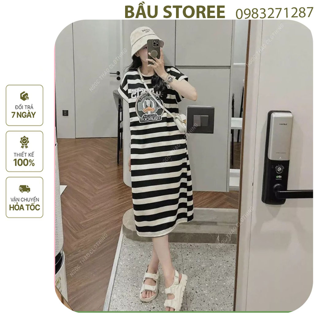 VÁY BẦU CÔNG SỞ THỜI TRANG THIẾT KẾ KẺ NGANG IN HÌNH VỊT DONAN DỄ THƯƠNG CHẤT COTON HÀNG