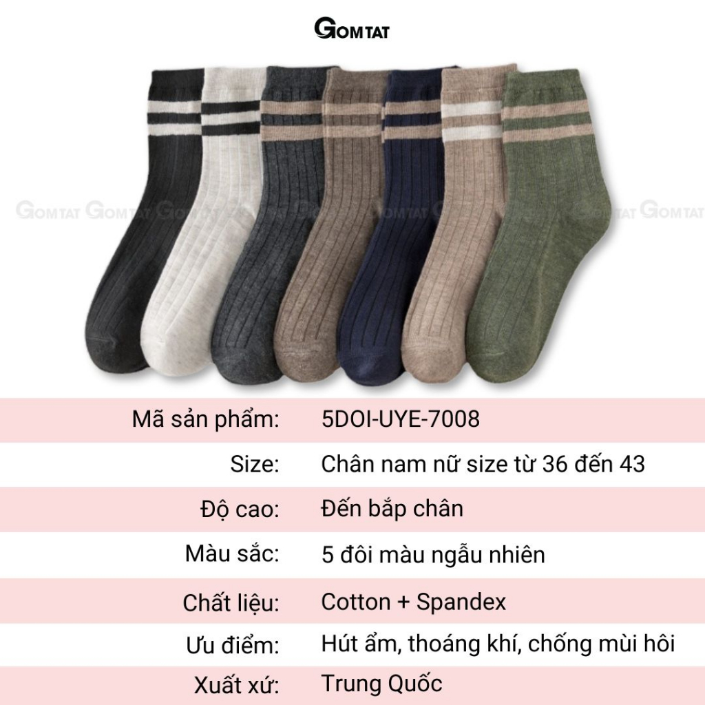 Set 5 đôi vớ nam nữ cổ cao GOMTAT sọc ngang nhiều màu sắc, chất liệu cotton khử mùi thoáng khí - 5DOI-UYE-7008