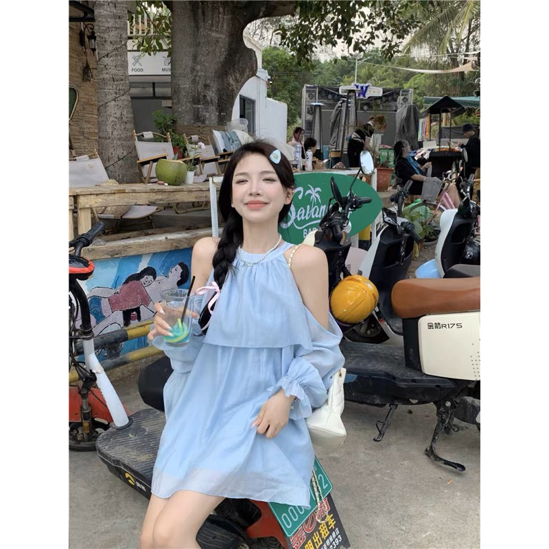 Set áo cổ yếm trễ vai bèo dài tay 29feb.closet kèm quần đùi sooc 2 lớp chất voan tơ dáng suông cách điệu - S112