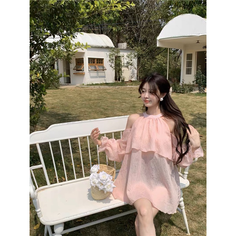 Set áo cổ yếm trễ vai bèo dài tay 29feb.closet kèm quần đùi sooc 2 lớp chất voan tơ dáng suông cách điệu - S112