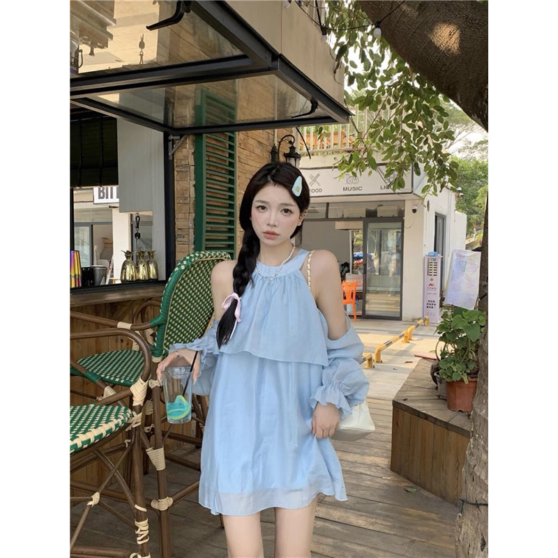 Set áo cổ yếm trễ vai bèo dài tay 29feb.closet kèm quần đùi sooc 2 lớp chất voan tơ dáng suông cách điệu - S112