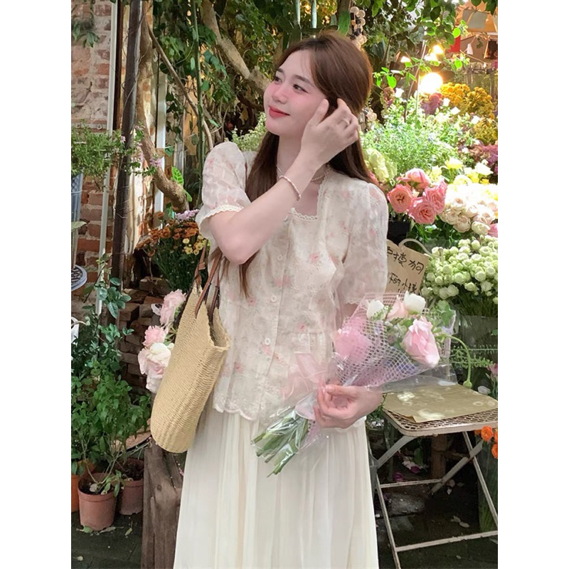 (ORDER)-Set áo sơmi babydoll cổ vuông+ chân váy voan dài vintage Hàn Quốc-Kèm ảnh thật