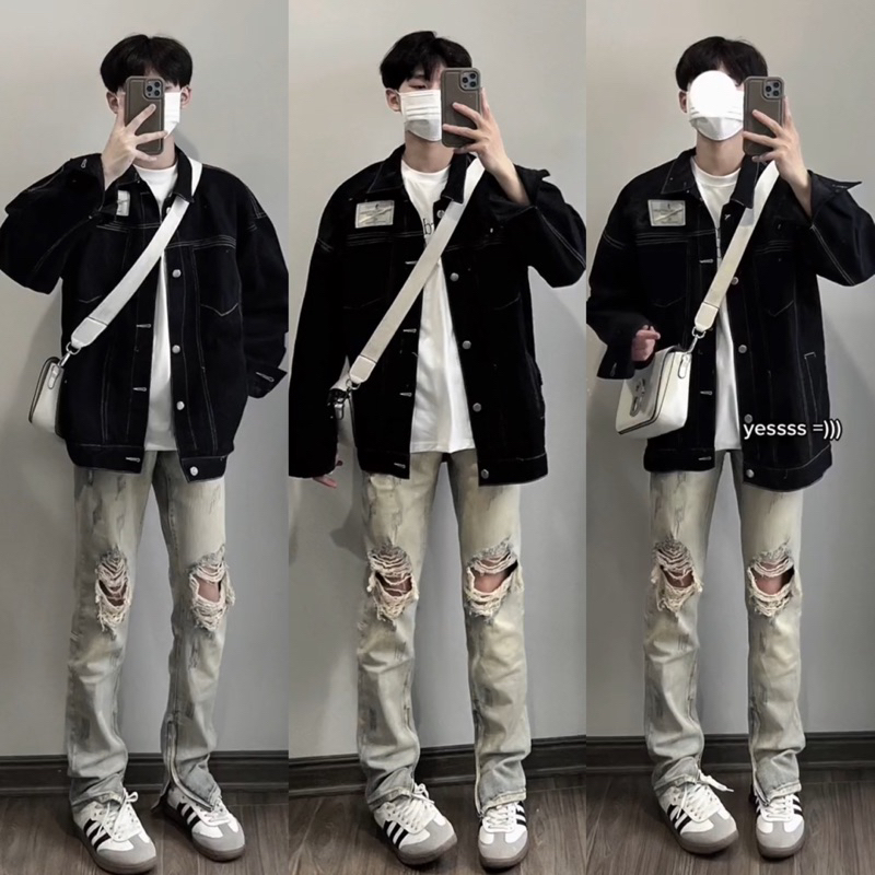 ÁO KHOÁT JEANS  ĐEN CHỈ NỔI TRẮNG HOT TREND HALO KAKI