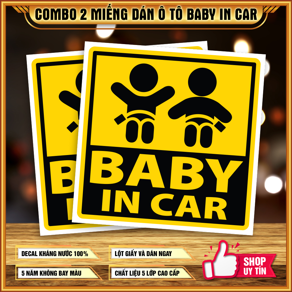 2 logo sticker 10cm x 10cm Baby In Car cho xe ô tô hình 2 em bé
