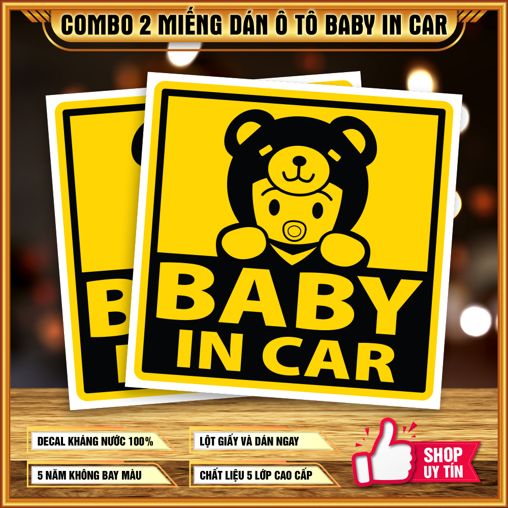 2 logo sticker 10cm x 10cm Baby In Car cho xe ô tô hình em bé GẤU