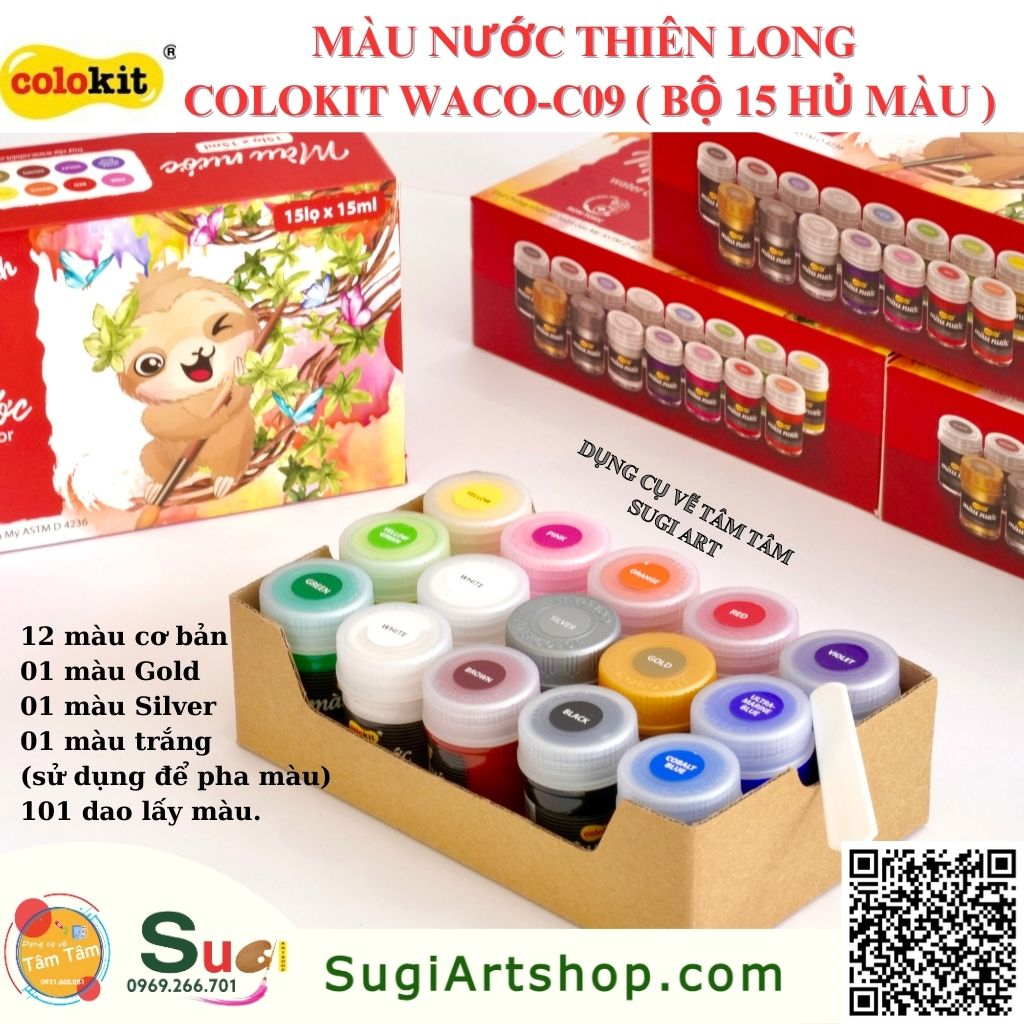 [ SUGI ART SHOP ] Màu nước Colokit WACO-C09 ( Bộ 15 hủ màu ) - Màu nước Thiên Long