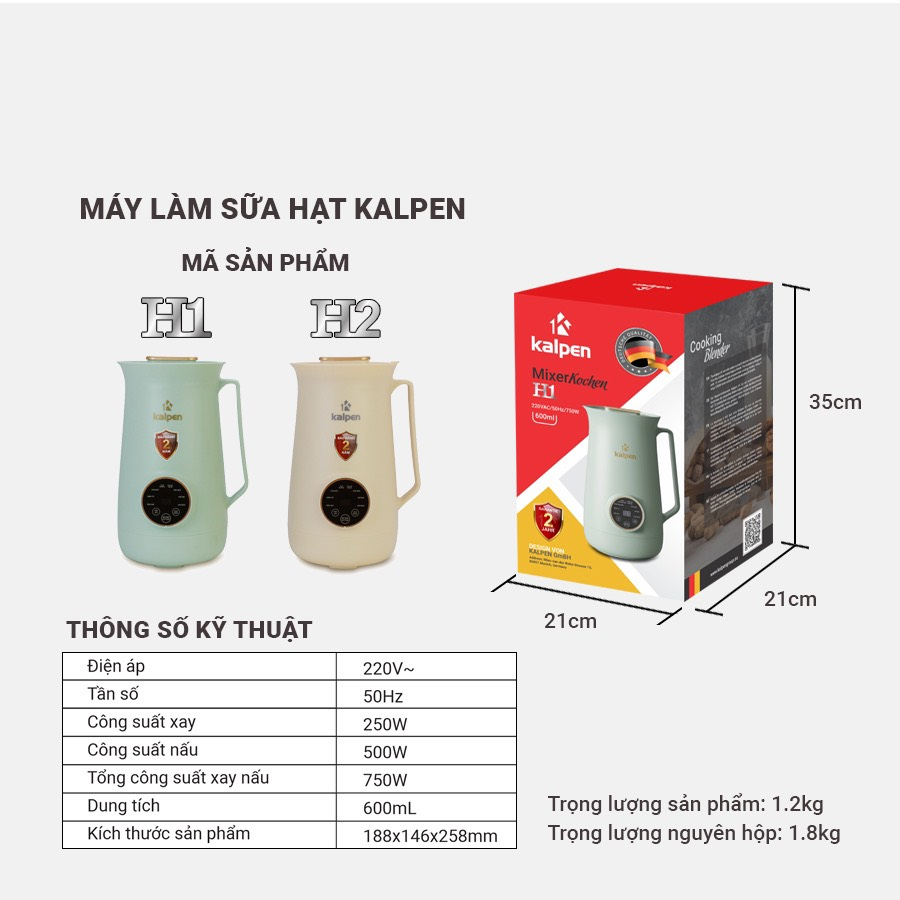 Máy làm sữa hạt mini Máy xay nấu sữa hạt đa năng KALPEN H1, H2 công suất 750w dung tích 600ml model 2023 bảo hành 2 năm