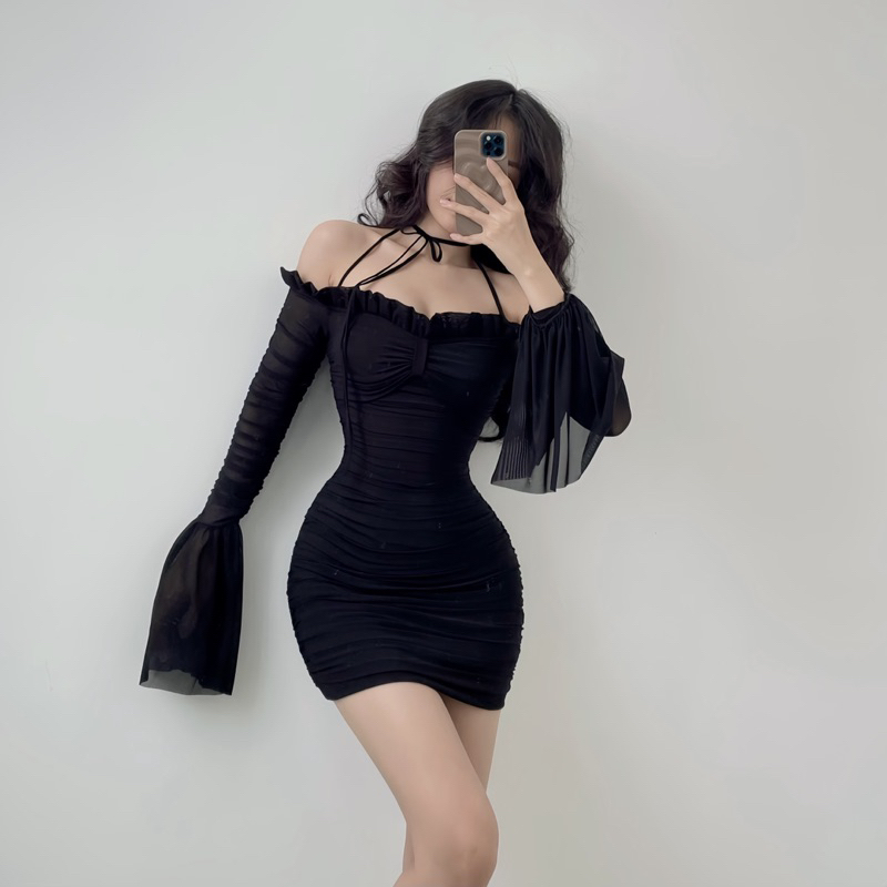 Đầm 2 dây bẹt vai ông tay loa Oralie Sheer Dress NGOCCLOTHING nữ  Váy tay dài ôm body chất liệu sheer lưới HOT
