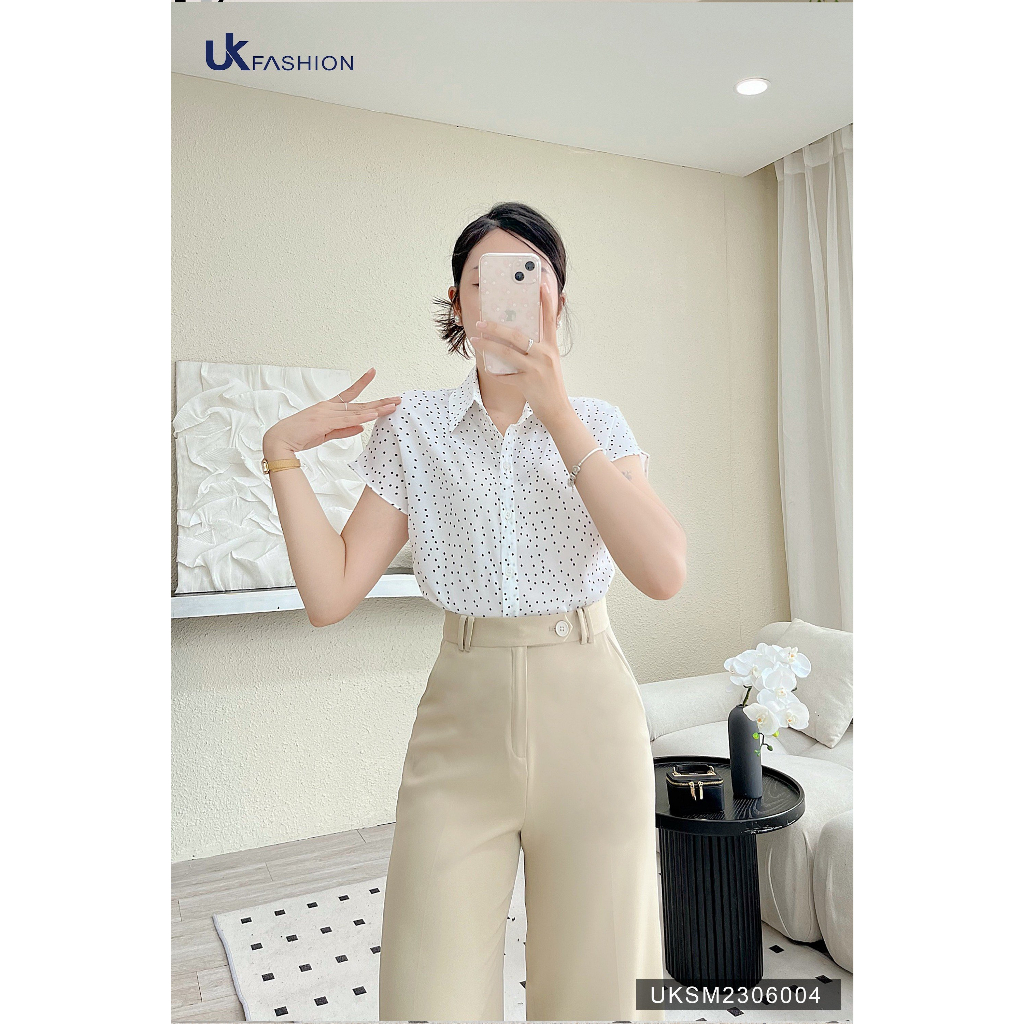 Áo Sơ Mi Chấm Bi Vai Chờm Cổ Đức UK Fashion Họa Tiết Chấm Bi Trendy, Màu Sắc Tươi Sáng, Nhã Nhặn UKSM2306004