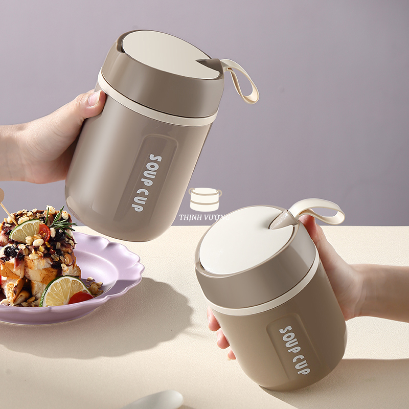 Cốc đựng canh, cháo, súp giữ nhiệt  Inox 304 co kèm túi và tặng thìa nhựa tích hợp trên nắp tiện lợi  ZCB