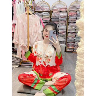 (có video cận chất )bộ pizama lụa xước thiết kế phối ren