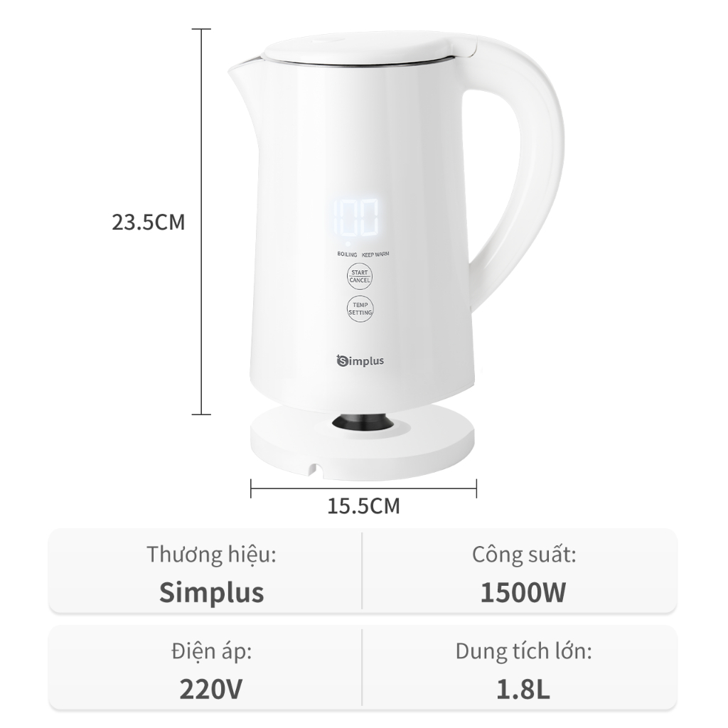 Ấm siêu tốc Simplus Công Suất 1500W DRSH005 Kiểm soát nhiệt độ 7 mức