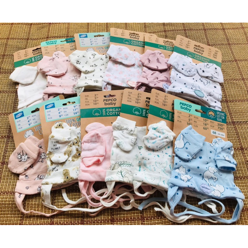 Set mũ và bao tay bé sơ sinh 0-9m chất cotton organic