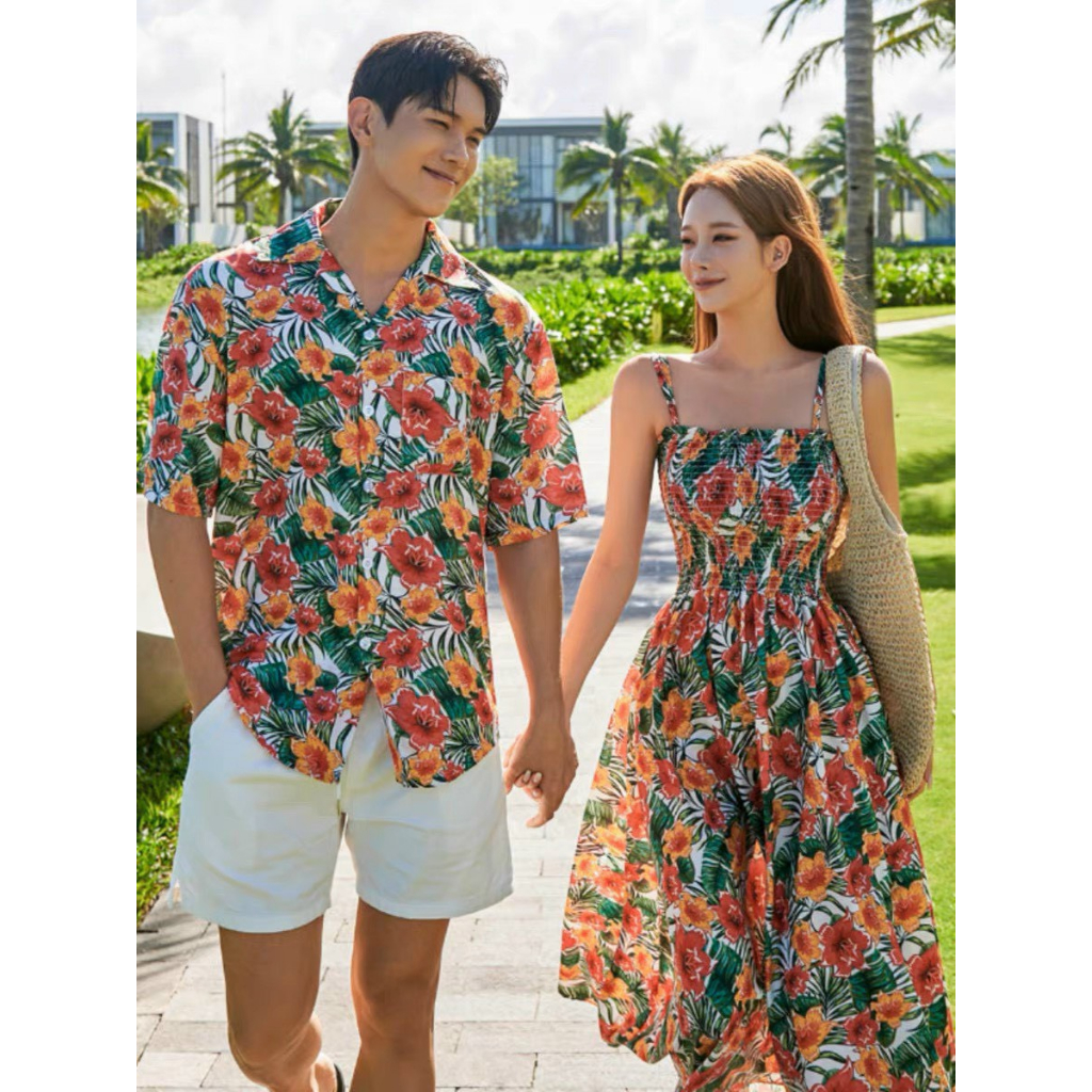 Set áo sơ mi cặp đầm đôi Hàn Quốc dành cho các cặp tình nhân họa tiết hoa lá
