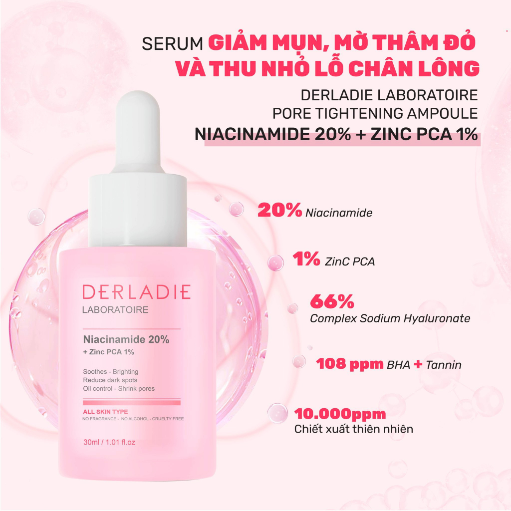 Bộ Đôi Toner Tràm Trà Derladie 140ml, Serum Derladie Laboratoire Pore Tightening Ampoule Niacinamide 20% + Zic PCA 1% 30