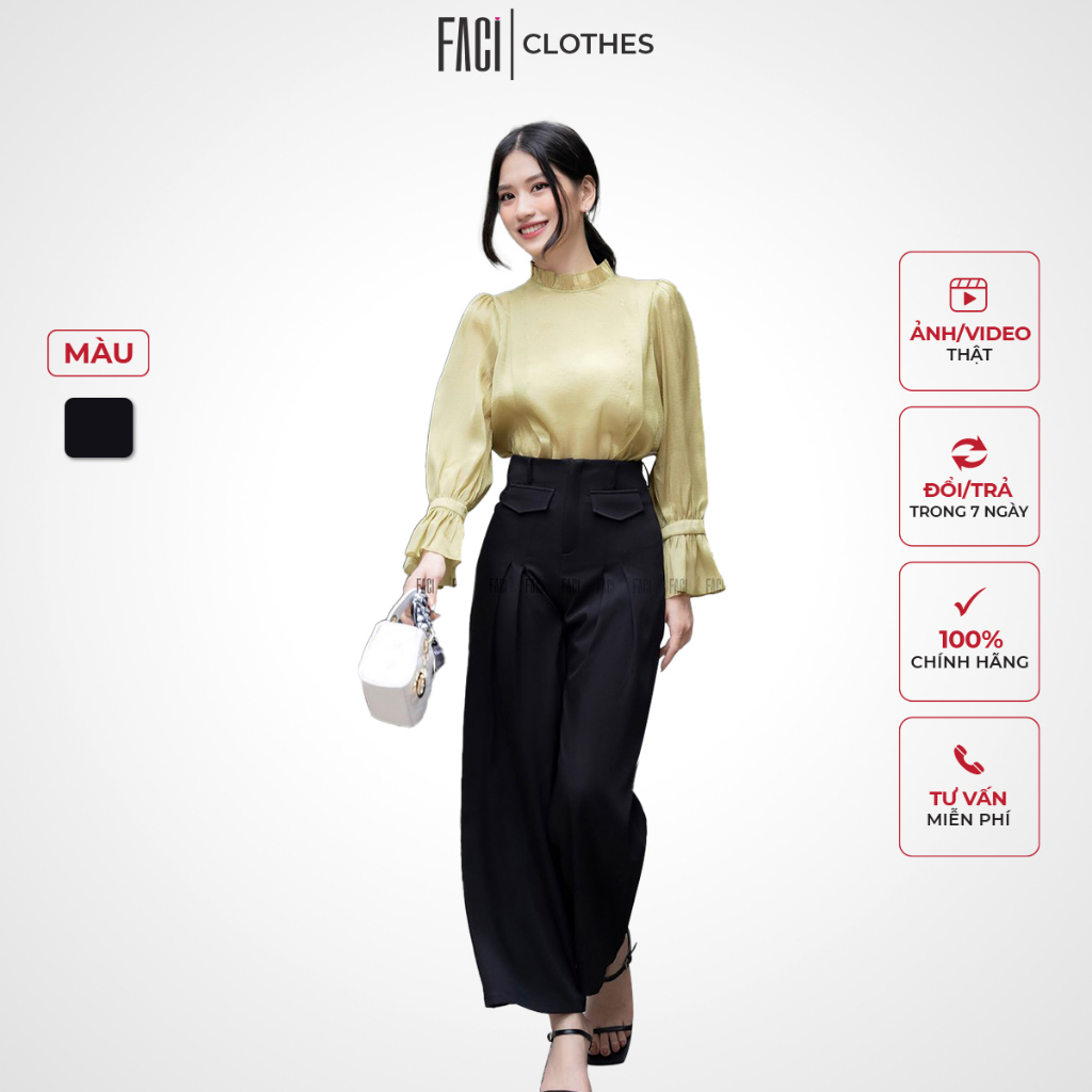 Quần tây công sở nữ ống rộng cạp cao xếp li vải chéo hàn tôn dáng sang trọng Calee FACI - FA130