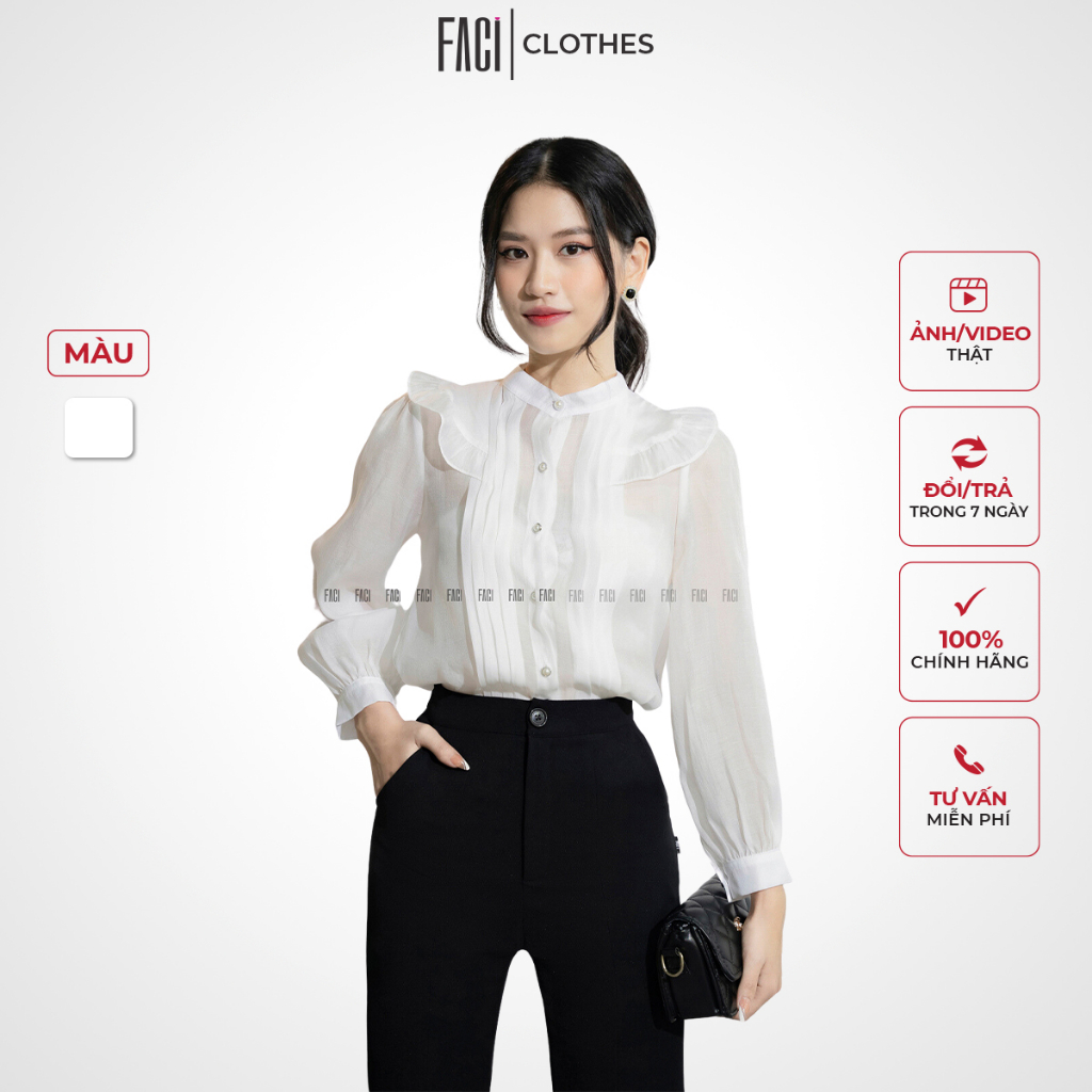 Áo Sơ Mi Nữ FACI Celia Thiết Kế Dáng Suông Cổ Đứng Nhấn Bèo Cách Điệu Dài Tay Chất Liệu Tơ Voan Cao Cấp FA137